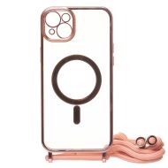 Чехол для Apple iPhone 14 Plus силиконовый MagSafe на ремешке <розовое золото>